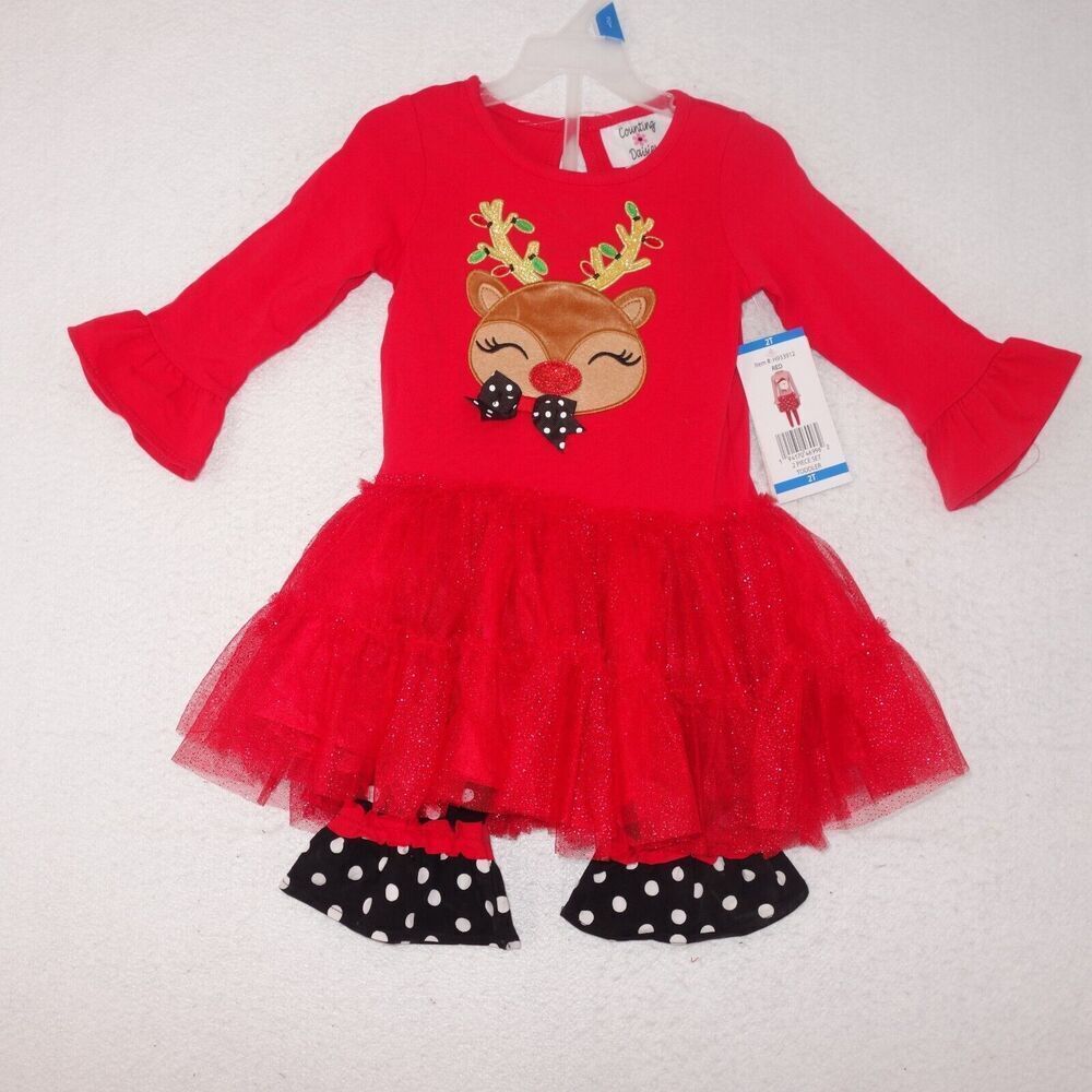 NEW Counting Daisies Christmas 2 Piece Outfit Rudolph Reindeer Girls 3T